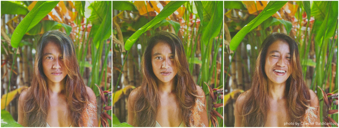 Photo montage of a woman with a blank expression and then smiling, surrounded by tropical plants.